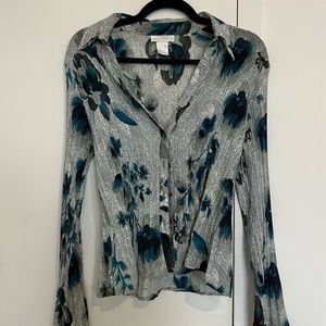 Flared Pleated Floral Button Down Blouse
